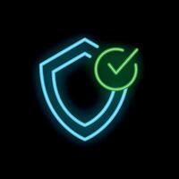 Neon shield showing security check mark symbol on black background vector