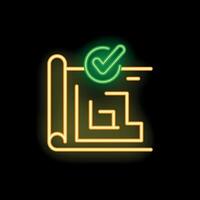 Neon green check mark over labyrinth on blueprint showing solution to problem vector