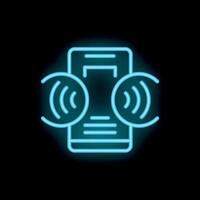 Neon icon of smartphone emitting sound waves representing mobile audio content vector