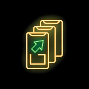 neón firmar demostración Tres teléfonos inteligentes con flecha cursor señalando arriba representando en línea negocio crecimiento vector