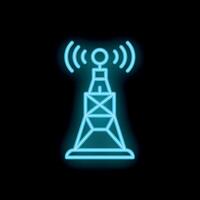 Neon icon of telecommunication tower transmitting signal on black background vector