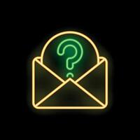 Neon envelope containing a question mark symbol on black background vector