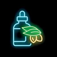 Neon icon of dropper bottle surrounded by leaves and nuts for essential oils marketing vector