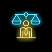 Neon icon of businessman standing behind empty balance scale vector