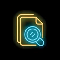 Magnifying glass searching through documents in neon light vector