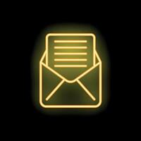 Neon yellow open envelope containing letter on black background vector