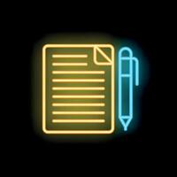 Neon icon of a pen writing on a document representing content creation vector