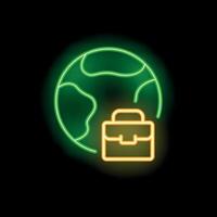 Neon sign depicting briefcase over earth for global business concept vector