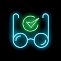 Neon icon of eyeglasses showing check mark symbol for correct vision vector