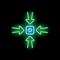 Neon arrows pointing at a blue square in the center on a black background vector