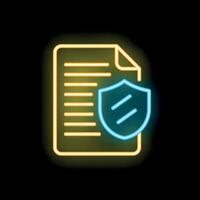 Neon shield protecting document icon for digital security concept vector