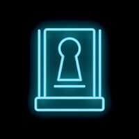 Blue neon sign showing a keyhole on black background vector