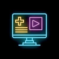 Neon sign depicting telehealth with medical cross and play button on computer screen vector