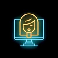 Neon icon of woman speaking through desktop computer screen vector