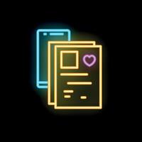 Neon icon of mobile dating app showing user profile with heart like vector
