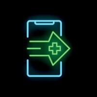 Neon icon of medical app sending out green arrow with cross symbol vector