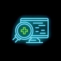 Magnifying glass showing plus sign searching medical information on computer screen vector