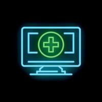 Neon green medical cross on computer screen icon glowing on dark background vector