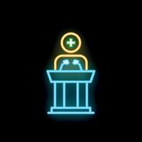 Neon icon of a public speaker with a plus sign above head giving a speech vector