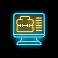 Neon icon of computer displaying a work portfolio on black background vector