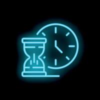 Neon sign of hourglass showing time passing with clock vector