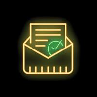 Neon icon of email containing approved document with green check mark vector