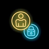 Neon icons of user and padlock symbolizing online security vector