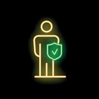 Neon icon of person holding shield with check mark symbolizing security vector