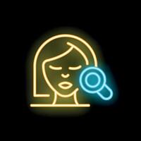 Neon icon of dermatologist examining patient skin with magnifying glass vector