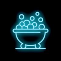 Glowing neon bathtub full of water with foam bubbles on a black background vector