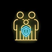 Neon icon of family protecting child with shield vector