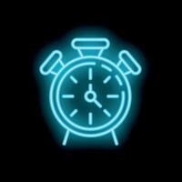 Neon sign showing a vintage alarm clock ringing on black background vector