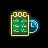 Neon icon of checklist with clock showing time management concept vector