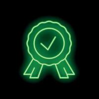 Neon green approved symbol with checkmark and ribbon glowing on black background vector
