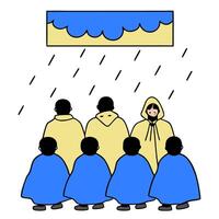 A group of people in raincoats standing under a blue umbrella vector