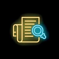 Neon icon of magnifying glass examining document for fact checking vector