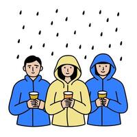 Three people in raincoats holding drinks vector