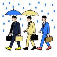 Three businessmen walking in the rain with umbrellas vector