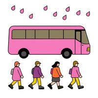 A group of people walking in front of a pink bus vector