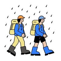 Two people walking in the rain with backpacks vector
