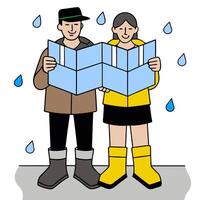 A man and woman standing in the rain holding a map vector