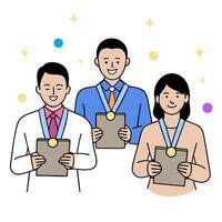 Three people holding up their certificates vector