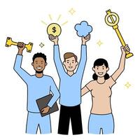 Three people holding up a trophy and a coin vector