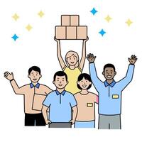 A group of people holding boxes and standing in front of a white background vector