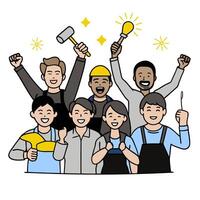 A group of people holding up a hammer and a light bulb vector