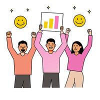 Three people holding up a chart with smiley faces vector
