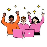 Three people are sitting at a table with their hands up vector