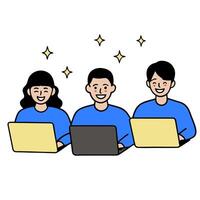 Three people sitting at a table with laptops vector