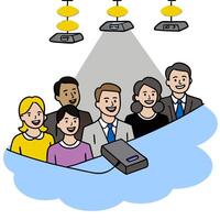 A group of people are standing around a cloud vector