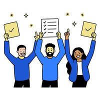 People with Glowing Hiring Checklists and Joyful Expressions concept as A group of people holding glowing hiring checklists with joyful expressions set against a vector